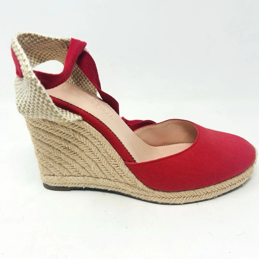 J Crew Espadrille Wedge Heels Size 10 Red Ankle Bow Ties AY315 Canvas Closed Toe
